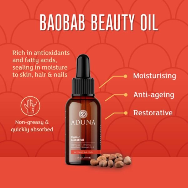 61PktAq0TuL._SL1080_.jpg Aduna Wild Harvested Baobab Oil - 100% Organic - 3.4fl oz Pure Baobab Oil - Unrefined Cold-Pressed Body, Hair & Face Oil - Moisturizing & Anti-Ageing
