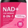 NAD Supplements for Women - with Nicotinamide Riboside & Resveratrol & CoQ10, 8-in-1 NAD+ Supplement for Anti-Aging, Boosts Cellular Energy, Focus- 90 Capsules