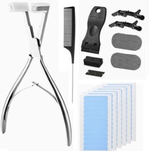 61QBHcKTnnL._AC_SL1500_.jpg Tape in Hair Extension Tools Kit, Professional Flat Surface Stainless Steel Tape in Hair Extensions Sealing Clamp Plier,Tape Remover Scraper Tool,Hair Clips, Hair Extensions Styling Tools-Silvery