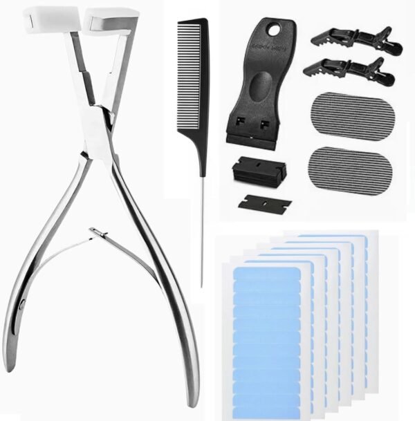 61QBHcKTnnL._AC_SL1500_.jpg Tape in Hair Extension Tools Kit, Professional Flat Surface Stainless Steel Tape in Hair Extensions Sealing Clamp Plier,Tape Remover Scraper Tool,Hair Clips, Hair Extensions Styling Tools-Silvery