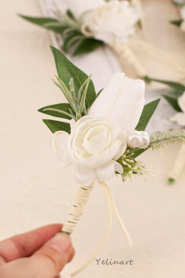 Set of 6 White Boutonniere for Men Wedding Groom Groomsmen Artificial Tulip Rose Flowers Boutonniere for Prom Homecoming Ceremony Anniversary Formal Dinner Party
