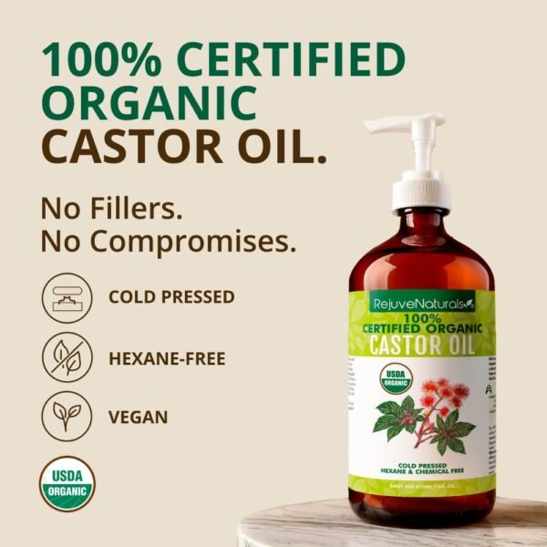 61R6XAqK5ML._SL1000_.jpg RejuveNaturals Castor Oil (16oz Glass Bottle) USDA Certified Organic, 100% Pure, Cold Pressed, Hexane Free. Boost Hair Growth for Thicker, Fuller Hair, Lashes & Eyebrows.