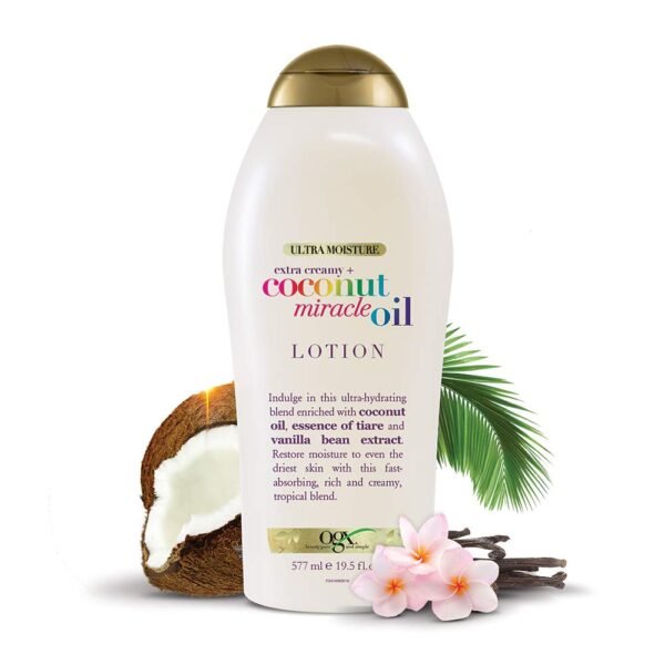 OGX Extra Creamy + Coconut Miracle Oil Ultra Moisture Body Lotion with Vanilla Bean, Fast-Absorbing Body Lotion for All Skin Types, Paraben-Free and Sulfated-Surfactants Free, 19.5 Ounce