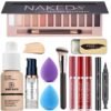 All in One Makeup Kit For Girls 12 Colors Naked Eyeshadow Palette, Nude Foundation Face Primer, Makeup Brush, Makeup Sponge, Eyebrow Soap Kit Brows Gel, Winged Eyeliner Stamp Makeup Set (SetA)