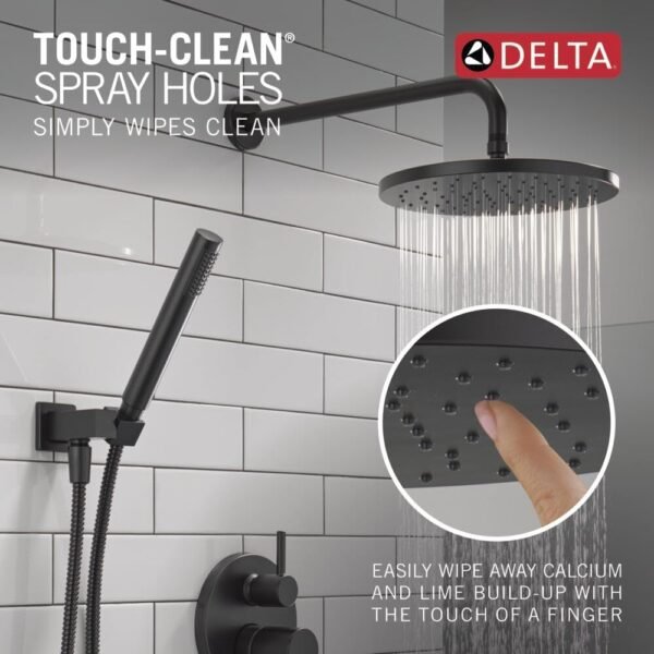 Delta Modern 14 Series Round Rain Shower System Faucet Set, Rainfall Matte Black Shower Head and Handle Set, Valve Trim Kit, 10 Inch, Matte Black 342702-BL