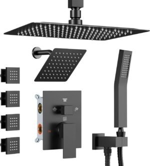 Shower Systems with 4 Body Spray Jets, STARBATH 4 Way 12+6" Rainfall Shower Head with Handheld Combo, Ceiling Mounted Shower Jets System in Wall Shower Faucet Sets Complete, Matte Black