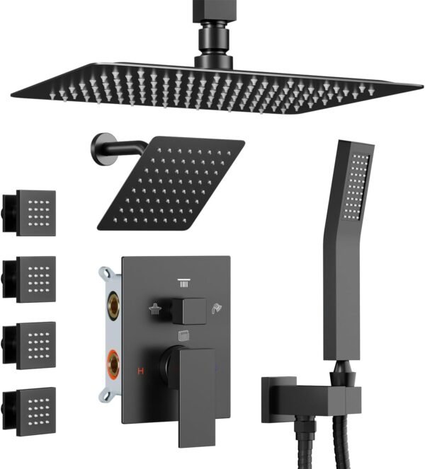 Shower Systems with 4 Body Spray Jets, STARBATH 4 Way 12+6" Rainfall Shower Head with Handheld Combo, Ceiling Mounted Shower Jets System in Wall Shower Faucet Sets Complete, Matte Black