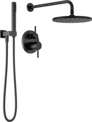 Delta Modern 14 Series Round Rain Shower System Faucet Set, Rainfall Matte Black Shower Head and Handle Set, Valve Trim Kit, 10 Inch, Matte Black 342702-BL