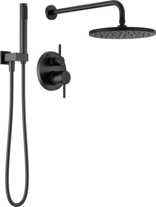 Delta Modern 14 Series Round Rain Shower System Faucet Set, Rainfall Matte Black Shower Head and Handle Set, Valve Trim Kit, 10 Inch, Matte Black 342702-BL