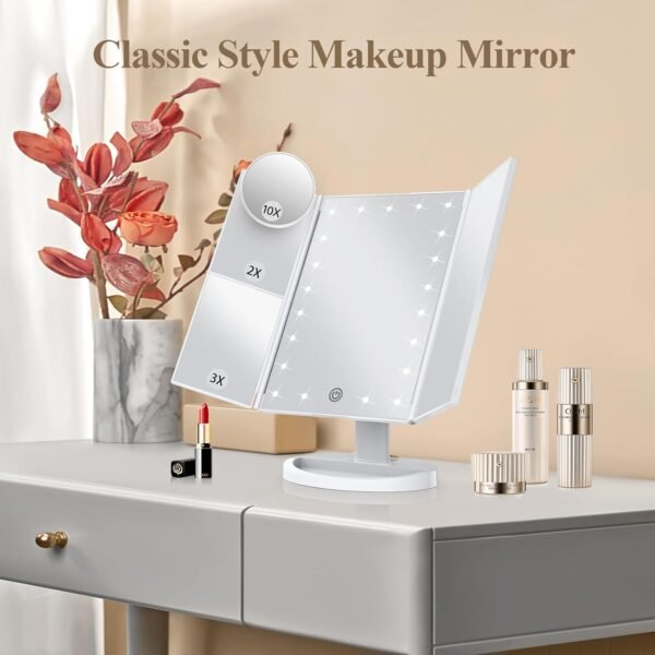 HUONUL Makeup Mirror Vanity Mirror with Lights, 2X, 3X, 10X Magnification, Touch Control, Trifold, White, 9.4"L x 13.4"W, Modern Style, Dresser Mount, Bathroom