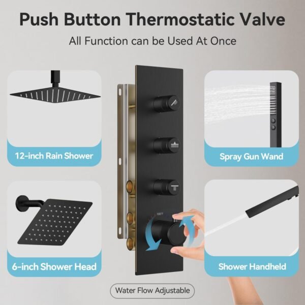 Thermostatic Shower System,Shower Faucet Set,12 Inch Ceiling Mounted and 6 Inch Wall Mount Rain Shower Head with 2 in 1 Handhled,Push Button Diverter Dual Shower Head Combo Set Matte Black