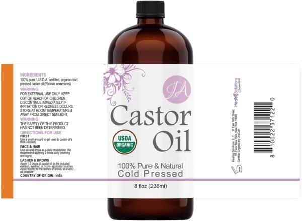 61a7zEa76zL._AC_SL1470_.jpg Healing Solutions Oils - 8 oz Castor Oil Organic Pure Natural, Cold Pressed, Hexane & Chemical Free Natural Solution, Lash Serum, Stimulates Growth For Hair, Eyelash, Eyebrows, Scalp & Beard - 236ml
