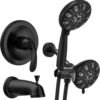 WRISIN Black Shower Faucet Set with Tub Spout (Valve Included), Black Shower Head and Handle Set with Handheld