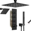 Thermostatic Shower System,Shower Faucet Set,12 Inch Ceiling Mounted and 6 Inch Wall Mount Rain Shower Head with 2 in 1 Handhled,Push Button Diverter Dual Shower Head Combo Set Matte Black