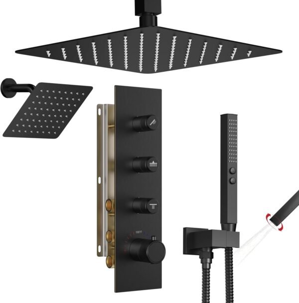 Thermostatic Shower System,Shower Faucet Set,12 Inch Ceiling Mounted and 6 Inch Wall Mount Rain Shower Head with 2 in 1 Handhled,Push Button Diverter Dual Shower Head Combo Set Matte Black