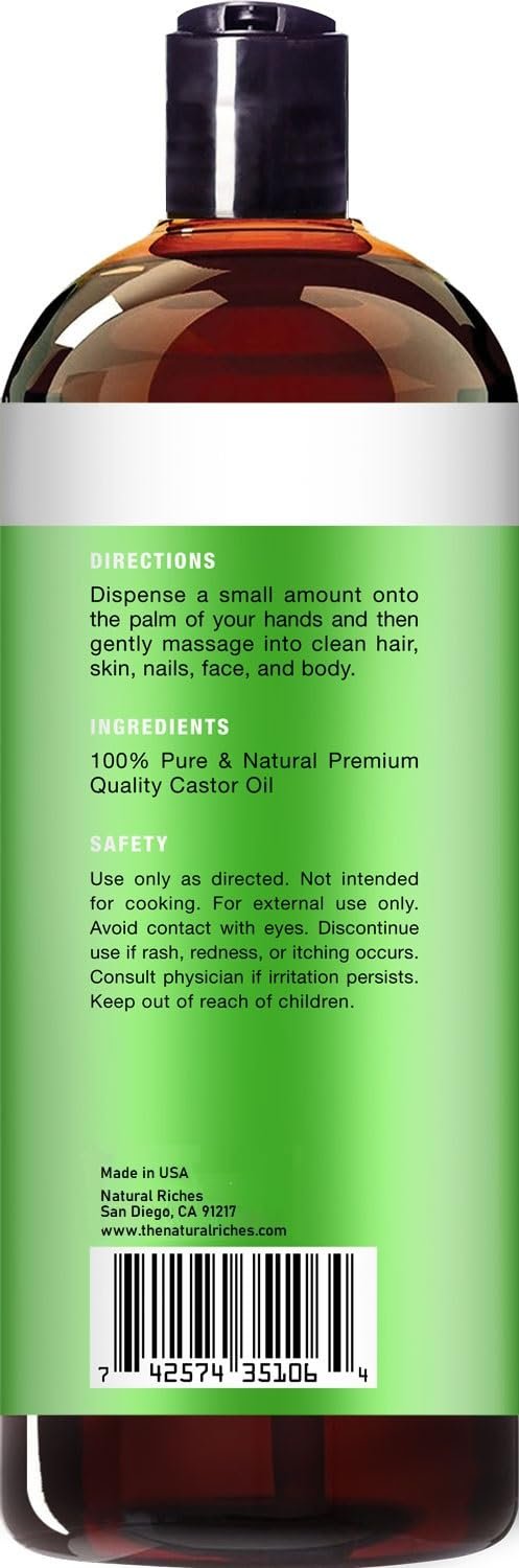 61cJuLFUj5L._SL1500_.jpg Natural Riches Organic Castor Oil - Cold Pressed, USDA Certified for Hair Growth, Thicker Eyelashes, Eyebrows - Moisturizes Dry Skin and Hair, Helps with Dandruff - Hexane-Free, 16 fl. oz.