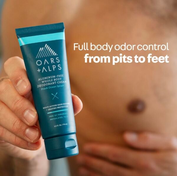 Oars + Alps Whole Body Deodorant Cream For Men - Multi-Action Odor Defense - Aluminum Free, Baking Soda Free, Anti-Chafe - 2.5 Ounce Tube - Fresh Ocean Splash