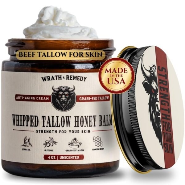 61eJpOS4HHL._SL1000_.jpg Wrath & Remedy Handmade Whipped Organic Beef Tallow for Skin - 4 OZ (Unscented) — Grass Fed Beef Tallow Moisturizer and Honey Balm for Silky, Sensitive-Skin, Eczema, Rosacea - Free of Harsh Chemicals