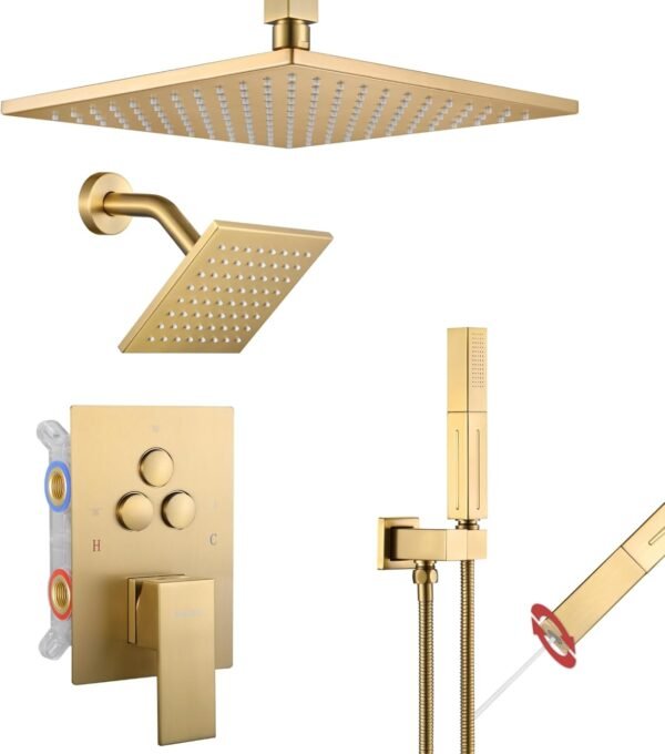 VANFOXLE Shower Faucet Set Brushed Gold Shower System,Push Button Diverter Shower Faucet with 2 in 1 Handheld,Ceiling Mount 10 Inch Shower Head with 6 Inch Wall Mount Shower Head