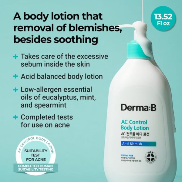 61ek33Y8dAL._SL1000_.jpg Derma B | AC Control Body Lotion | Moisturizer for Anti-Blemish & Pimples | Water-Oil Control | Hypoallergenic Solution for All Skin Types | Body Cream for Soothing & Refreshing | 13.52 fl oz (400ml)