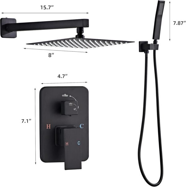 Shower Faucet Set, Matte Black Rainfall Shower System Complete Wall Mounted for Bathroom with 8 Inch Square Shower Head and Handheld Shower Head Rain Mixer Combo Set
