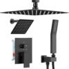 Shower Faucet Sets Shower Systems Matte Black, STARBATH 12+6" Dual Rain Shower Head with Handheld Spray for Two People, Ceiling Mount Rainfall 3 Way Shower Valve with 5 Diverter and Trim Kit Complete