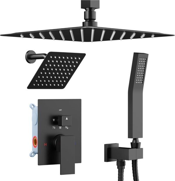 Shower Faucet Sets Shower Systems Matte Black, STARBATH 12+6" Dual Rain Shower Head with Handheld Spray for Two People, Ceiling Mount Rainfall 3 Way Shower Valve with 5 Diverter and Trim Kit Complete