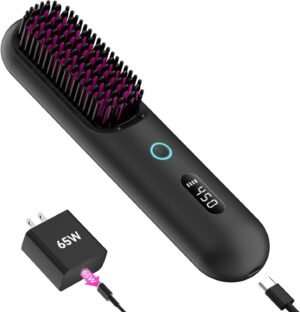 61fp1uNL7RL._AC_SL1500_.jpg Cordless Hair Straightener Brush – Portable Ionic Hot Comb with 65W Fast Charger, Mini Travel Hair Straightening Brush for Women, Lightweight for On-The-Go Styling (Black)