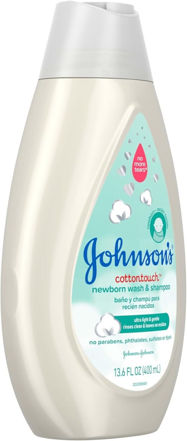 Johnson's CottonTouch Newborn Baby Body Wash & Shampoo, Gentle & Tear-Free, Made with Real Cotton, Gently Washes Away Dirt & Germs, Sulfate- & Paraben-Free for Sensitive Skin, 13.6 fl. oz