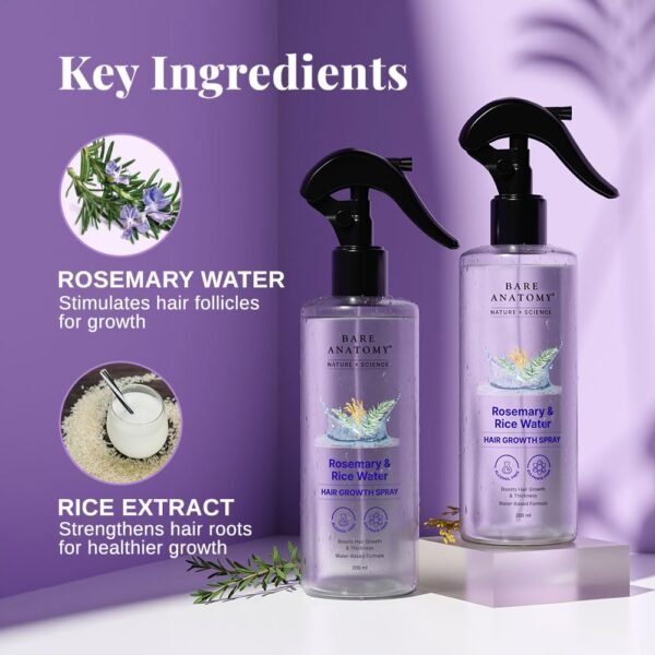 Bare Anatomy Nature x Science Rosemary Water Spray for Hair Growth & Hair Thickness with Rice Water |100% Natural Extract | Soft & Smooth Hair| Controls Hairfall| Non-Greasy & Fast Absorbing | 200ml