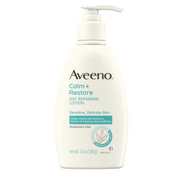 61iY6xmeCLL._SL1500_.jpg Aveeno Calm + Restore Oat Repairing Body Lotion for Sensitive Skin, Daily Moisturizer with Prebiotic Oat, Aloe & Pro-Vitamin B5 Helps Restore Skin's Moisture Barrier, Fragrance Free, 12 oz