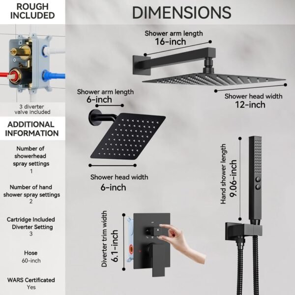 Thermostatic Shower System Matte Black, STARBATH Shower Faucets Sets 12+ 6" Wall Mount Rain Shower and 2 in 1 Handhled, Can Use All at Once, Push Button 3 Modes Valve and Trim Kit Complete Shower Set