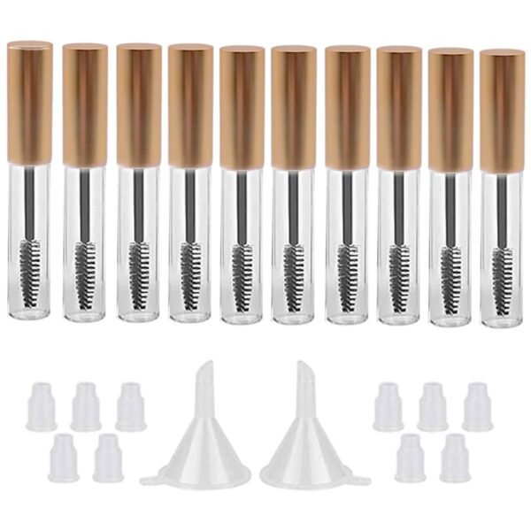 GTHER 10PCS 10ML Empty Mascara Tube Bottle with Eyelash Wand & Rubber Inserts & Funnels Set for Castor Oil/Eyelash Growth Oil, DIY Mascara Eyelash Cream Container with Cap, Matte Gold