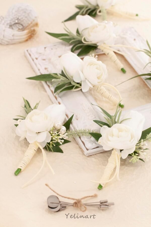 Set of 6 White Boutonniere for Men Wedding Groom Groomsmen Artificial Tulip Rose Flowers Boutonniere for Prom Homecoming Ceremony Anniversary Formal Dinner Party