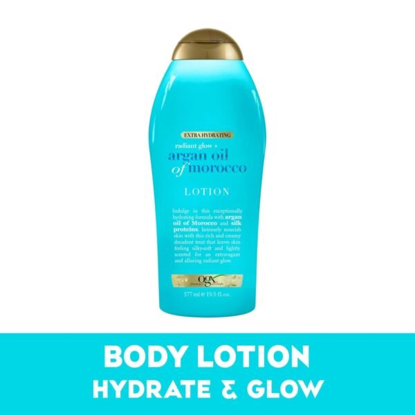 OGX Radiant Glow + Argan Oil of Morocco Extra Hydrating Body Lotion for Dry Skin, Nourishing Creamy Body & Hand Cream for Silky Soft Skin, Paraben-Free, Sulfated-Surfactants Free, 19.5 Ounce