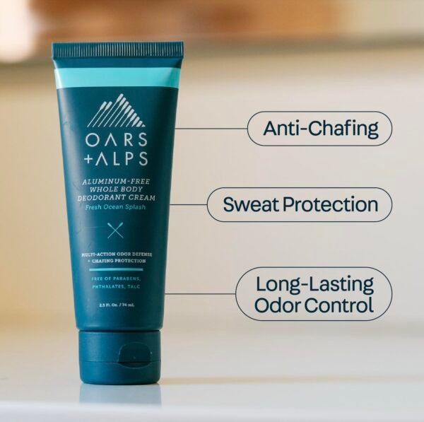 Oars + Alps Whole Body Deodorant Cream For Men - Multi-Action Odor Defense - Aluminum Free, Baking Soda Free, Anti-Chafe - 2.5 Ounce Tube - Fresh Ocean Splash