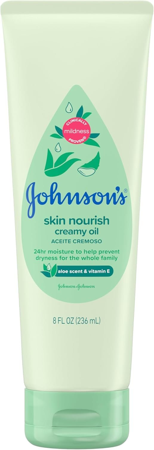 Johnson's Skin Nourish Creamy Oil, Aloe Scent & Vitamin E, Creamy Oil Helps Prevent Dryness & Moisturizes Baby's Delicate Skin for 24 Hours, Hypoallergenic & Non-Greasy, 8 fl. oz