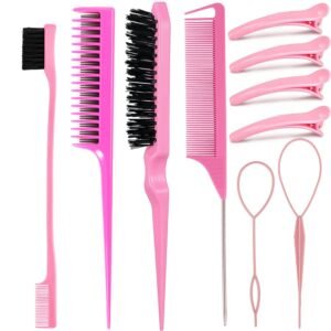 61o-Apy9RTL._SL1001_.jpg Hair Styling Tool Set: Combs, Triple Teasing Brush, Edge Brush, Rat Tail Combs, Braid Loop with Clips for Women, Girls, Kids and Stylists