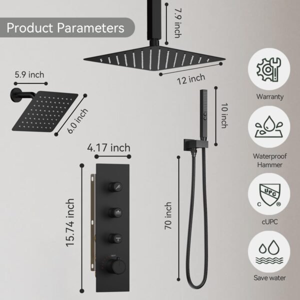 Thermostatic Shower System,Shower Faucet Set,12 Inch Ceiling Mounted and 6 Inch Wall Mount Rain Shower Head with 2 in 1 Handhled,Push Button Diverter Dual Shower Head Combo Set Matte Black