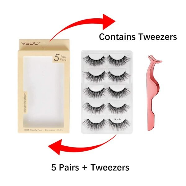 False Eyelashes 5 Pairs - Professional Reusable 3D Mink Lashes - Handmade Natural Thick Fluffy Fake Eyelashes with Stainless Steel Eyelash Tweezers (Bomb)