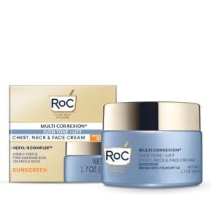 61pfeTRwQYL._SL1500_.jpg RoC Multi Correxion 5 in 1 Chest, Neck, and Face Moisturizer Cream with SPF 30, for Neck Firming and Wrinkles, Vitamin E & Shea Butter, Oil Free Skin Care, 1.7 Ounces (Packaging May Vary)