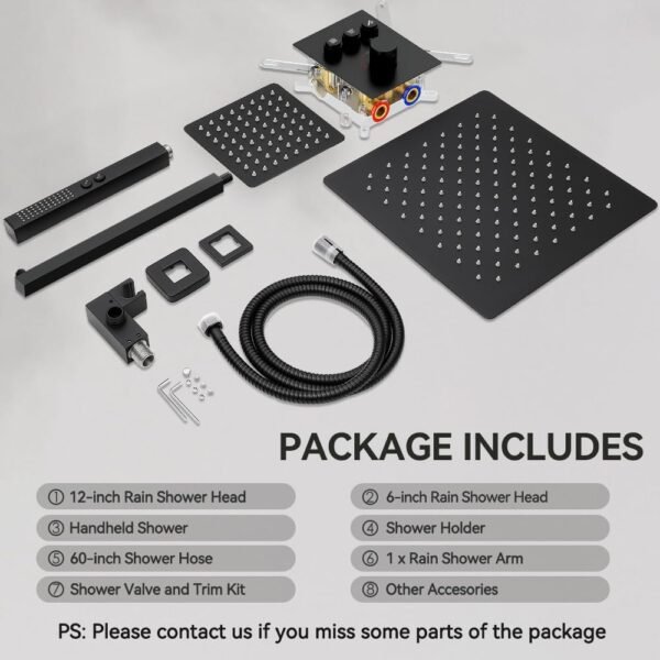 Thermostatic Shower System Matte Black, STARBATH Shower Faucets Sets 12+ 6" Wall Mount Rain Shower and 2 in 1 Handhled, Can Use All at Once, Push Button 3 Modes Valve and Trim Kit Complete Shower Set