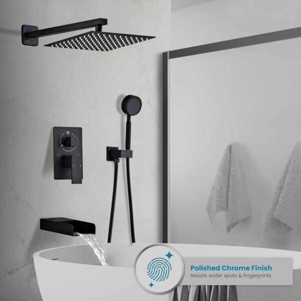 Matte Black Shower Tub Faucet Set, Wall Mounted 8 Inch Shower Heads with Handheld Spray Combo and Tub Shower Faucet, Luxury Bathroom Square Rain Shower System - 4 Hooks