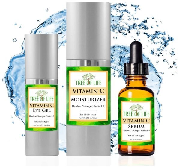 61qJcuoss7L._SL1024_.jpg Tree of Life Vitamin C Serum for Face w/ 1.7 Oz Moisturizer Cream & 0.5 Oz Eye Gel - Skin Care Trio Serums to Brightening Dark Spot, Smooth Dry & Sensitive Skin, Anti-Aging, Wrinkles