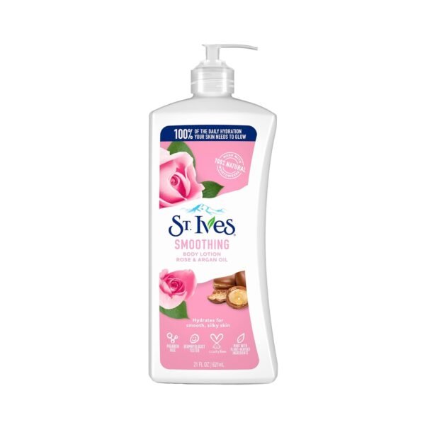 St. Ives Smoothing Hand & Body Lotion for Women with Pump, Daily Moisturizer Rose and Argan Oil for Dry Skin, Made with 100% Natural Moisturizers, 21 fl oz, 4 Pack