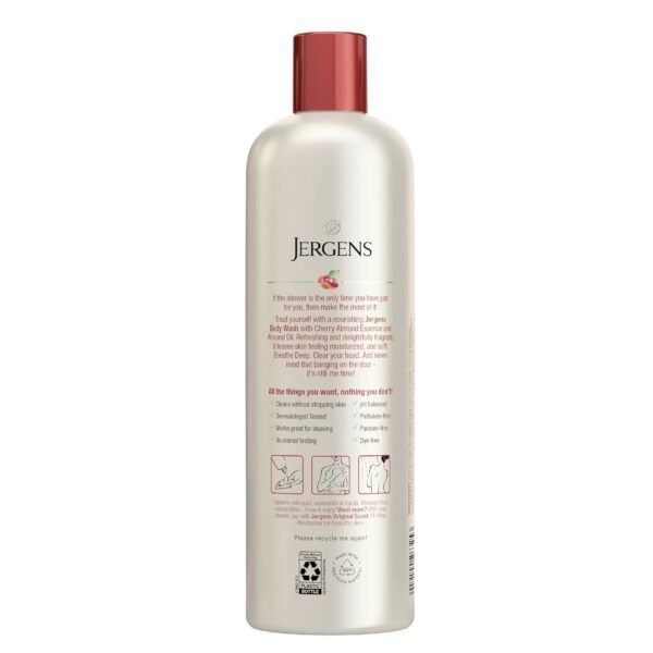 Jergens Softening Cherry Almond Body Wash, Daily Moisturizing Skin Cleanser, Infused with Cherry Almond Oil, pH Balanced, Paraben Free, Dye Free, , Dermatologist Tested, 22 oz (Packaging May Vary)