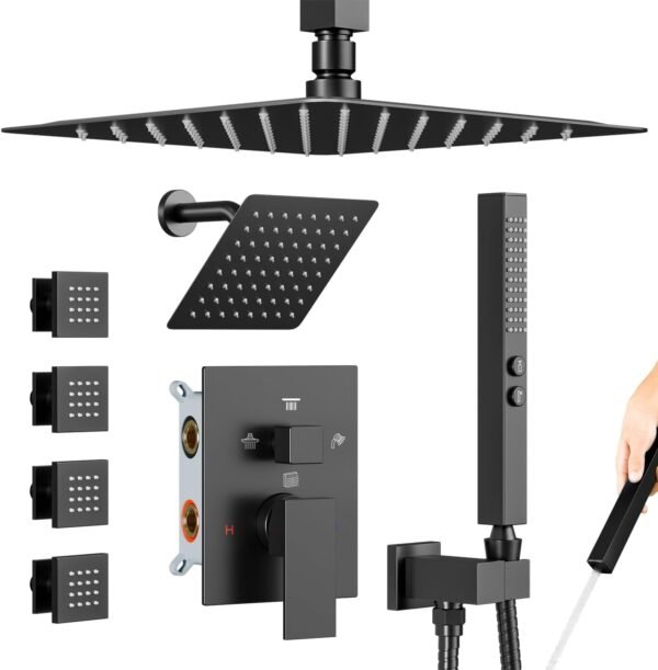 Shower System Matte Black Shower Faucet Set,Bostingner Four Modes Shower Faucet with 2 in 1 Handheld,Ceiling Mount 10 Inch Shower Head with 6 Inch Shower Head, 4Pcs Body Jets With Dual Head Shower Set