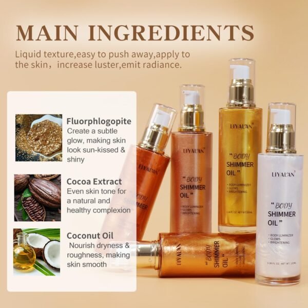 Liyalan Shimmer Body Oil Bronze Gold 5 Color Bronze 3.38 Fl Oz Face Glow Pearl Highlighter Illuminator body Makeup Shine Glitter Gold Liquid Taning