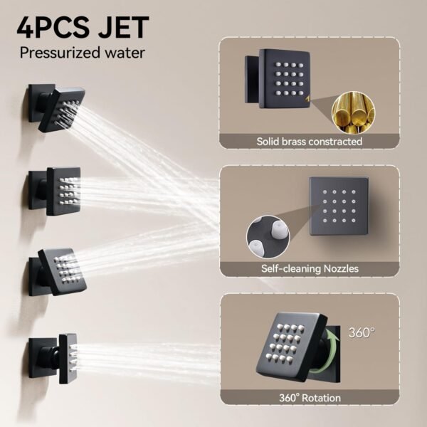 Shower System Matte Black Shower Faucet Set,Bostingner Four Modes Shower Faucet with 2 in 1 Handheld,Ceiling Mount 10 Inch Shower Head with 6 Inch Shower Head, 4Pcs Body Jets With Dual Head Shower Set