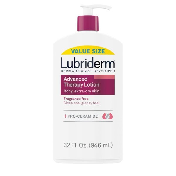 Lubriderm Advanced Therapy Fragrance Free Hand & Body Lotion + Pro-Ceramide, Intense Hydration for Itchy, Extra Dry, & Sensitive Skin, Non-Greasy, Hypoallergenic, Value Size, 32 fl. oz